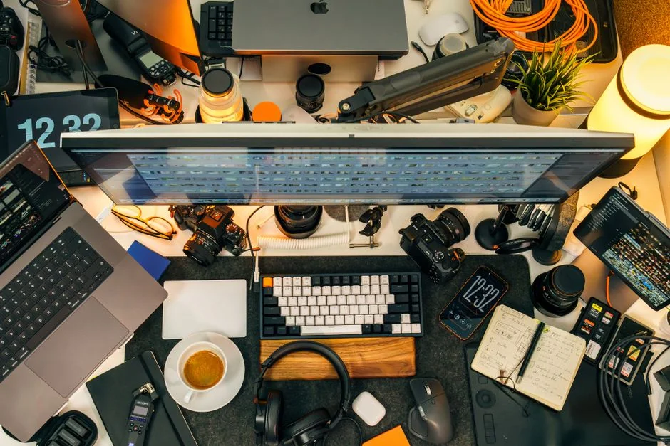 contact-img Dual monitors on a desk, showcasing web design in a modern office setting.